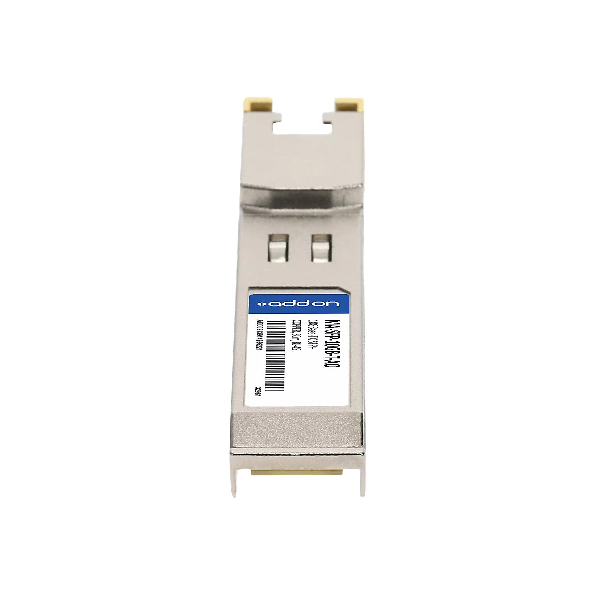 Ein silbernes SFP+-Transceiver-Modul mit blauem Etikett und Modellbezeichnung auf weißem Hintergrund.
