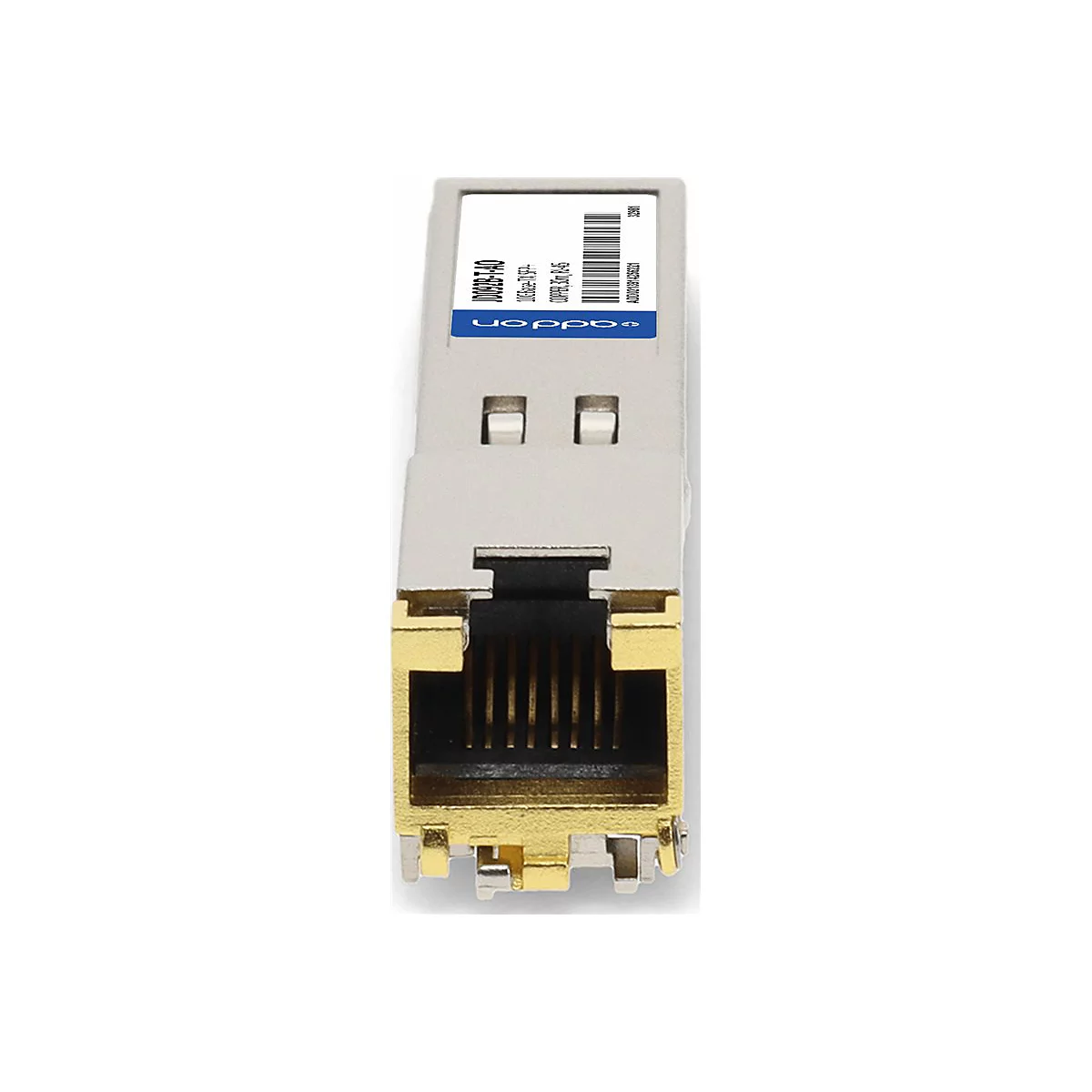 Silbernes SFP-Modul mit goldenem RJ45-Netzwerkanschluss und weißem Etikett auf weißem Grund.