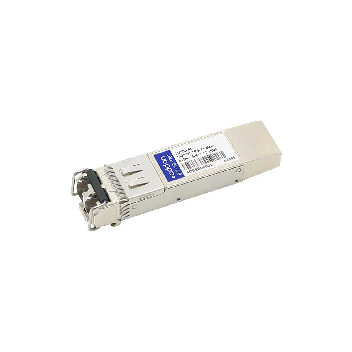 AddOn 10GBASE-SR SFP+ Glasfaser-Transceiver in silber mit blauem Aufkleber auf weißem Hintergrund.