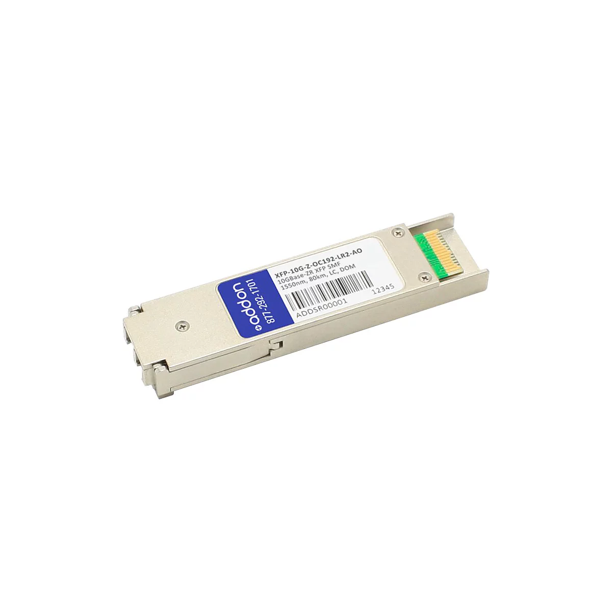 Addon XFP-10G-Z-OC192-LR2-AO Glasfaser-Transceiver-Modul in silbernem Metallgehäuse mit blauem Etikett.