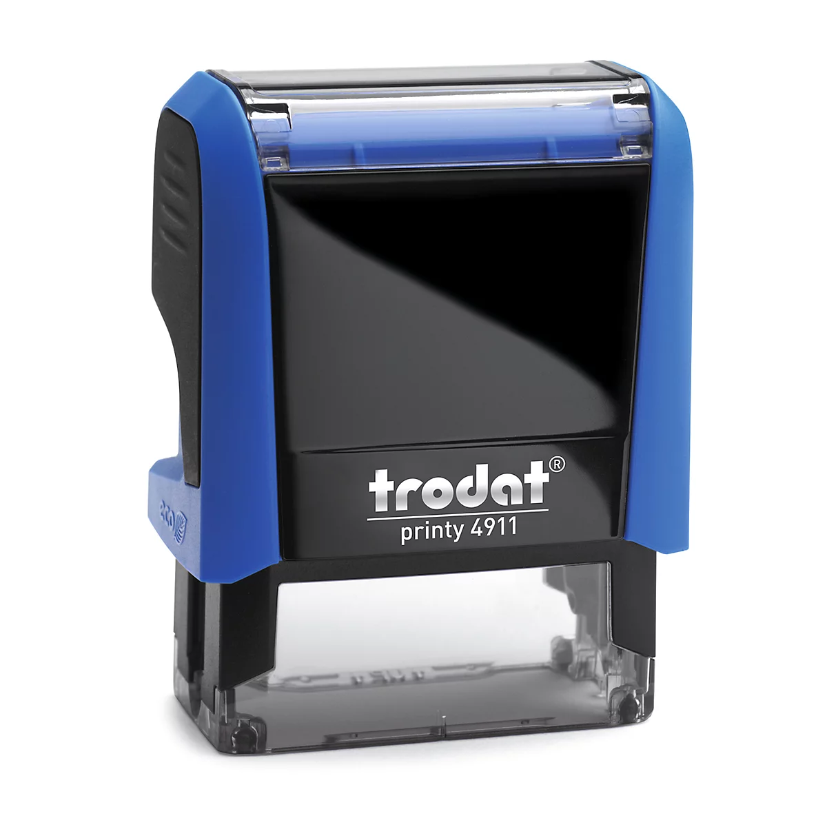 Blue and black stamp with the text "trodat printy 4911".