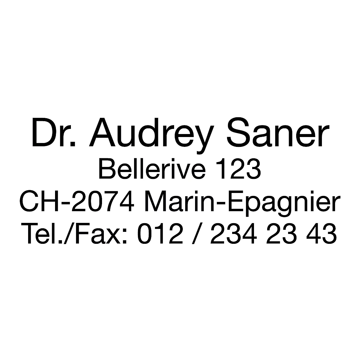 Business card with information: name, address and phone number.