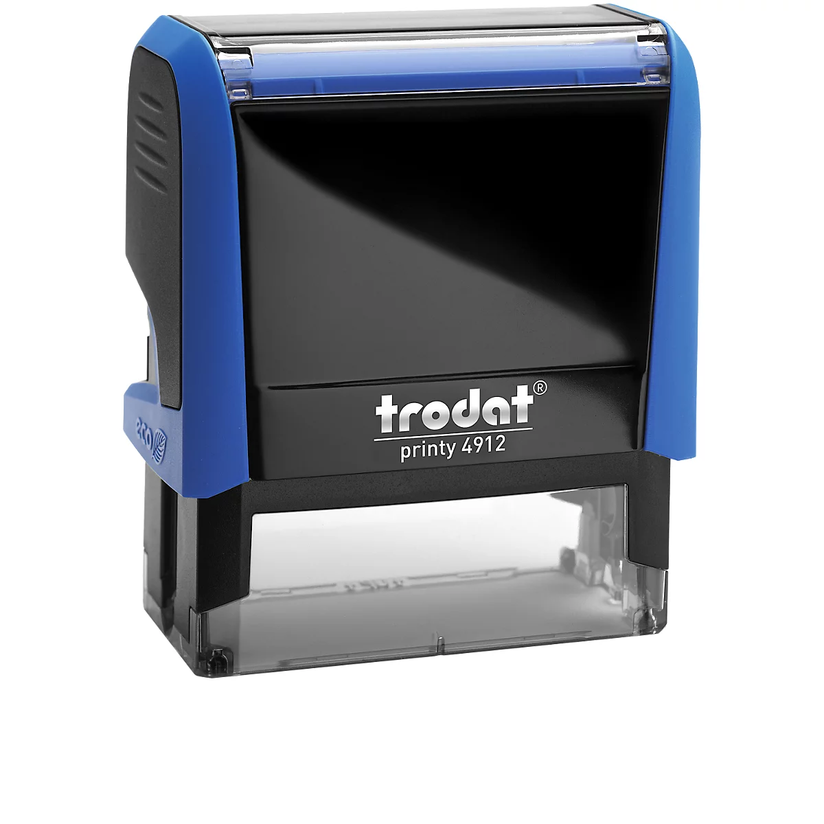 A blue and black Trodat Printy stamp. The stamp has the text "trodat printy 4912".
