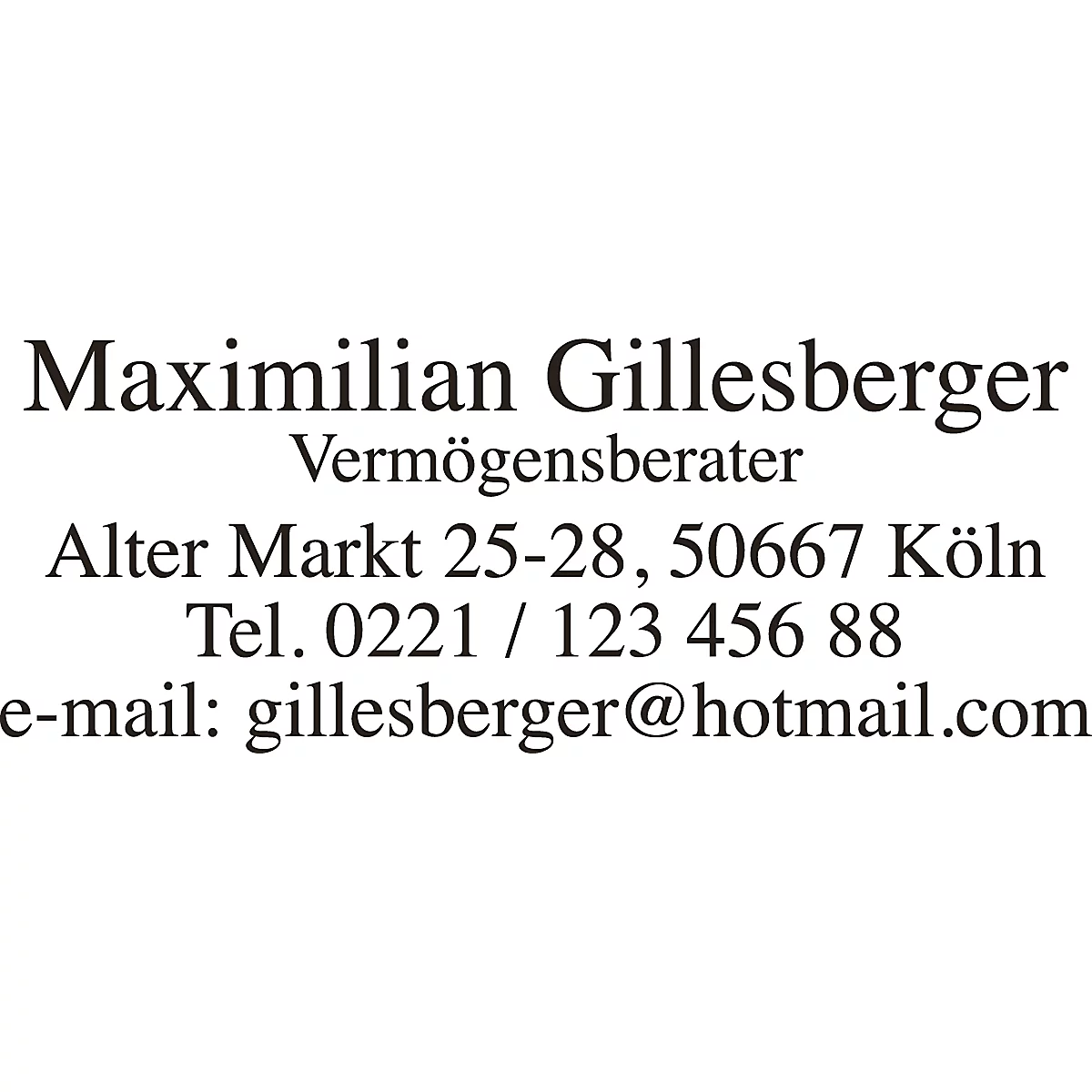 Business card with the name 'Maximilian Gillesberger', wealth advisor. Address, phone number, and email.