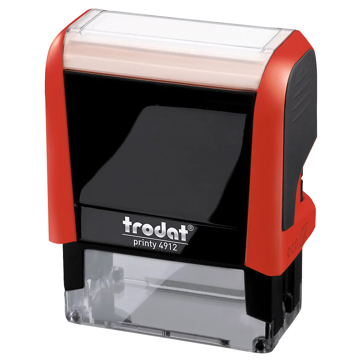 Red and black Trodat Printy 4912 stamp. Black stamp box, red handle. Inscription: Trodat Printy 4912.