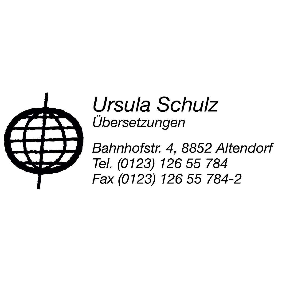Logo: Globe with longitudinal and transverse struts, lettering Ursula Schulz Translations, address and contact details.