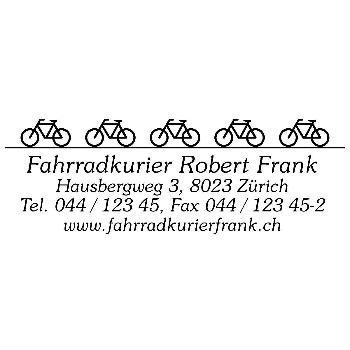 Logo with bicycle symbols and text: Bicycle courier Robert Frank, address, telephone, fax, website.
