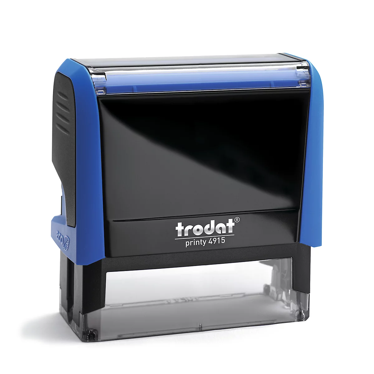 A blue and black Trodat Printy stamp on a white background.