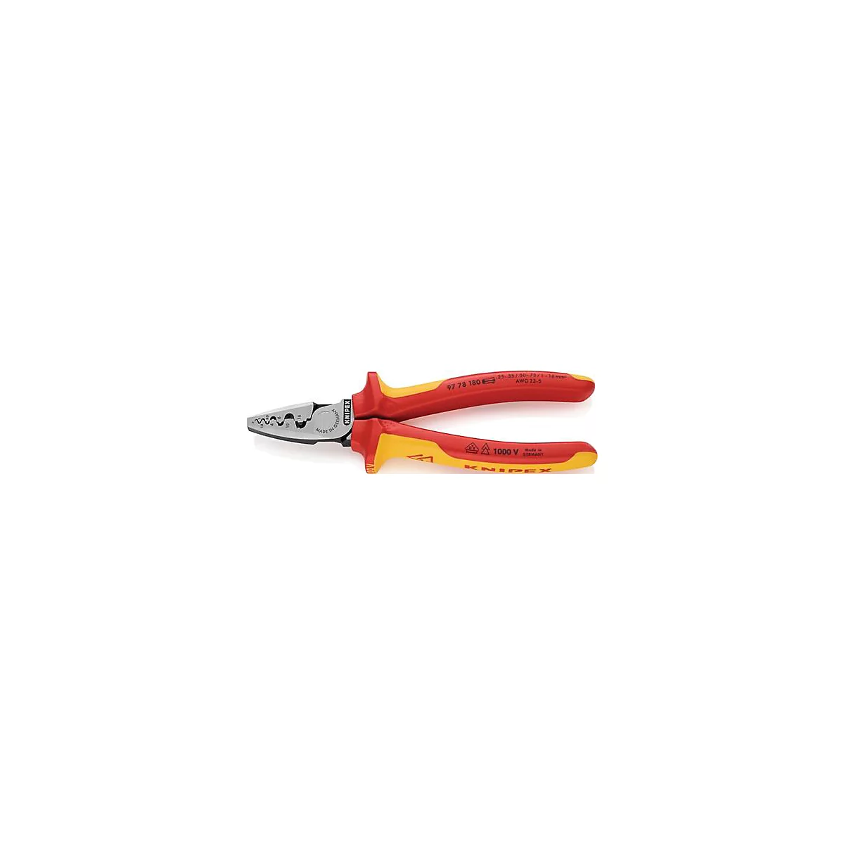Rot-gelbe KNIPEX-Crimpzange mit silberner Spitze. Aufschrift: 1000 V, 97 78 180, MADE IN GERMANY.
