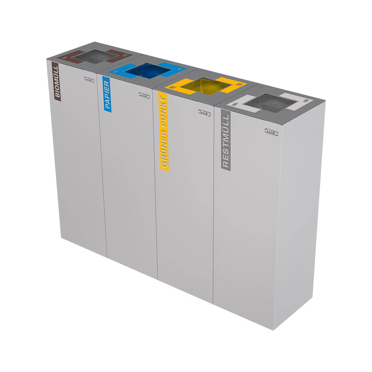 Grey, rectangular recycling bin with four compartments. Labels: organic waste, paper, green dot, residual waste. Colored lid openings.