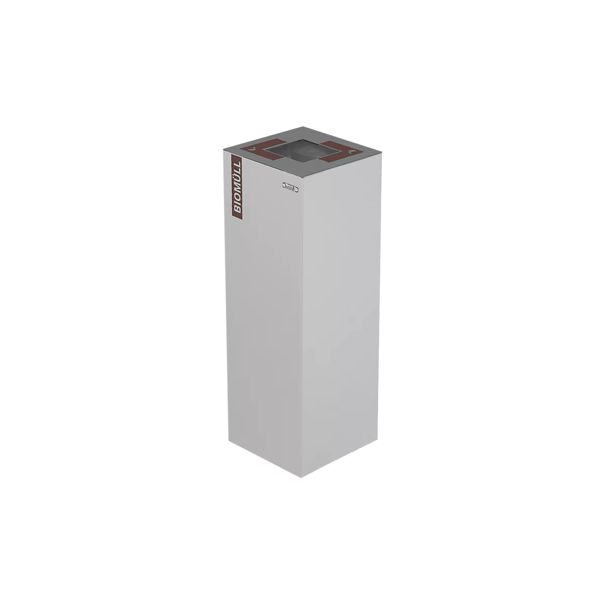Tall, white trash can with gray lid and recessed opening. "BIOMÜLL" is written in red on the side.