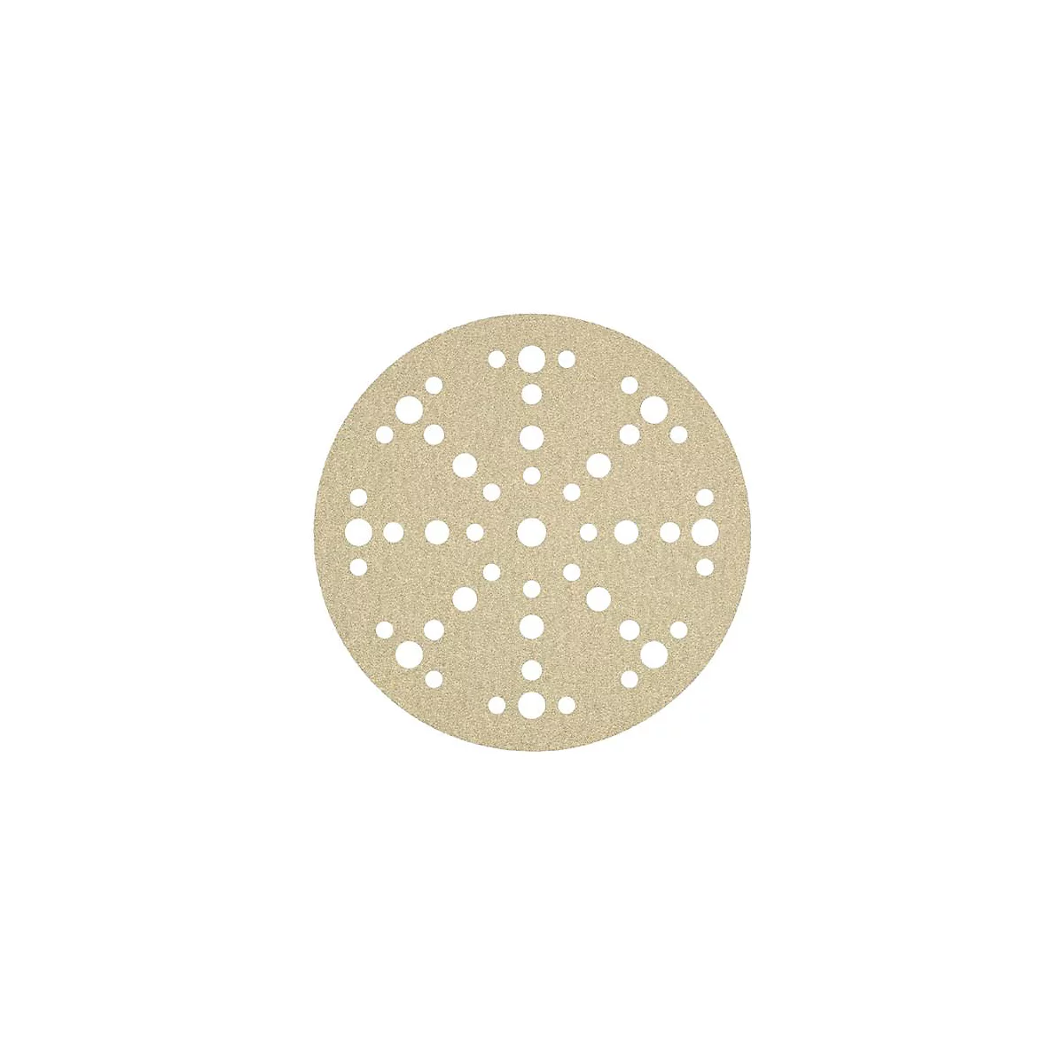 Round beige sanding disc with numerous white perforations.