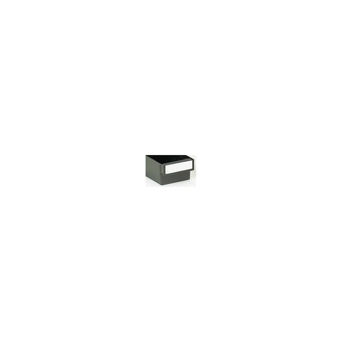 Gray rectangular storage bin with white label field.