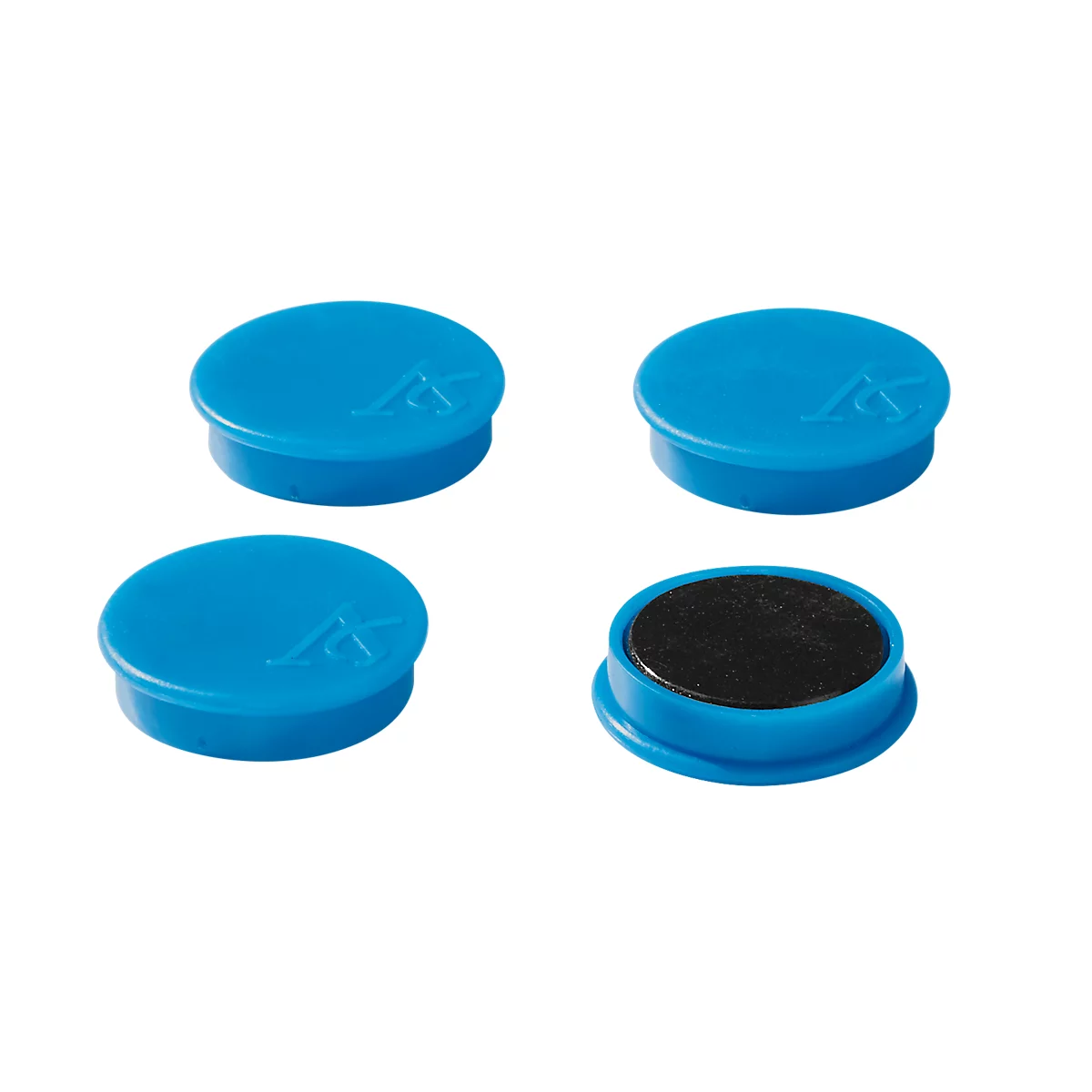 Four blue magnets. One shows the black magnetic side.