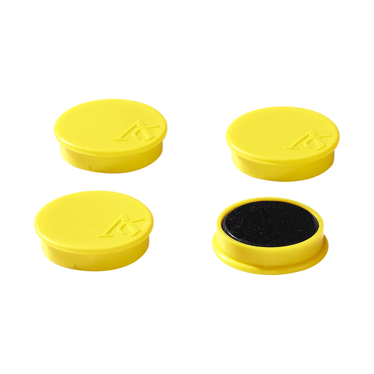 Four yellow, round stamp pads. Three have a yellow imprint, one has a black imprint.