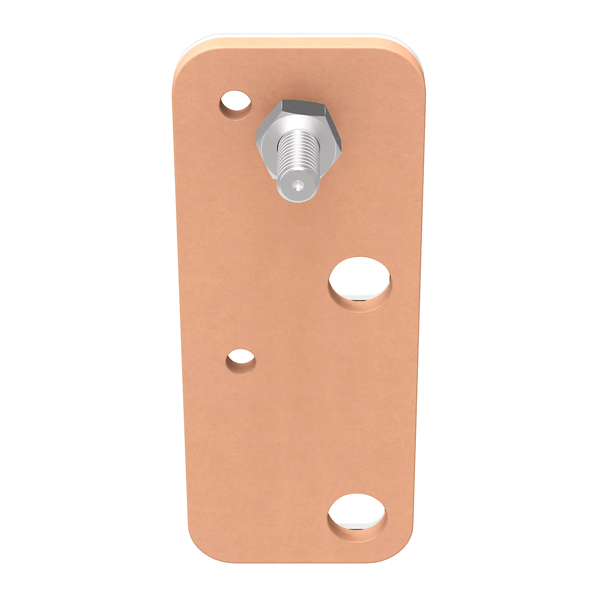 Copper plate with screw and nut. Circular holes at the top and bottom.