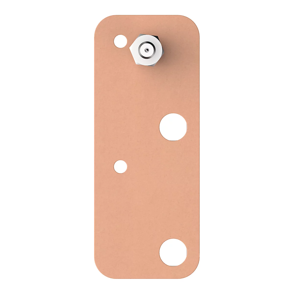 Copper-colored, rectangular plate with three holes and a metal bolt. The detail image shows the top.