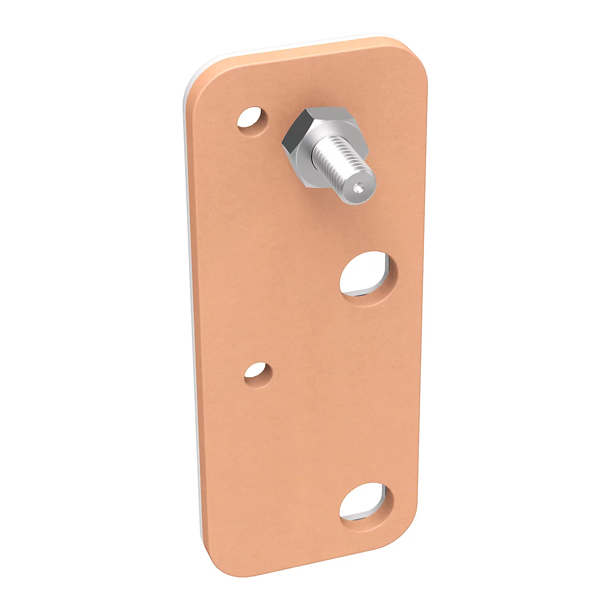 Copper-colored plate with a screw and three holes, white frame.