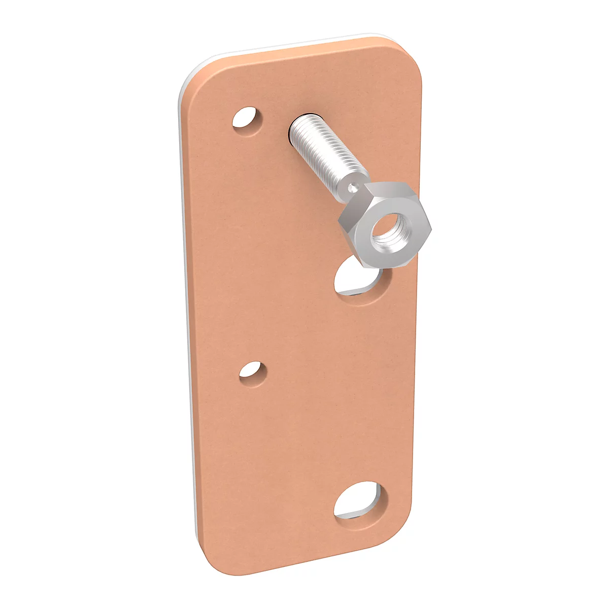 Brown plate with screw and nut, with holes for fastening.