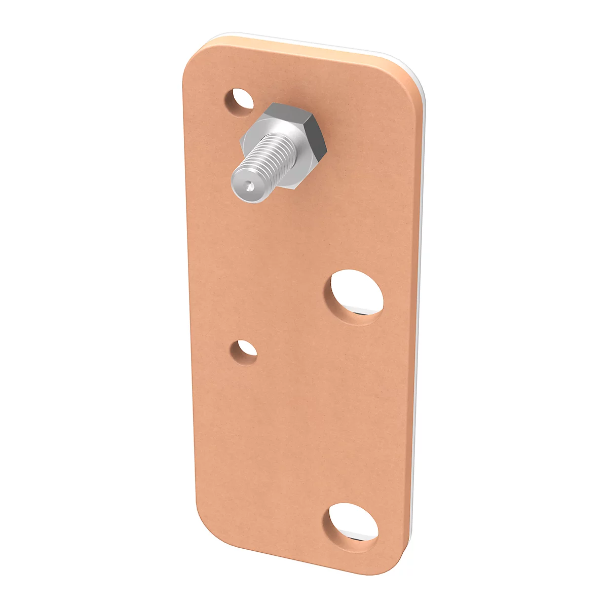 Copper plate with screw, three holes, detail view.