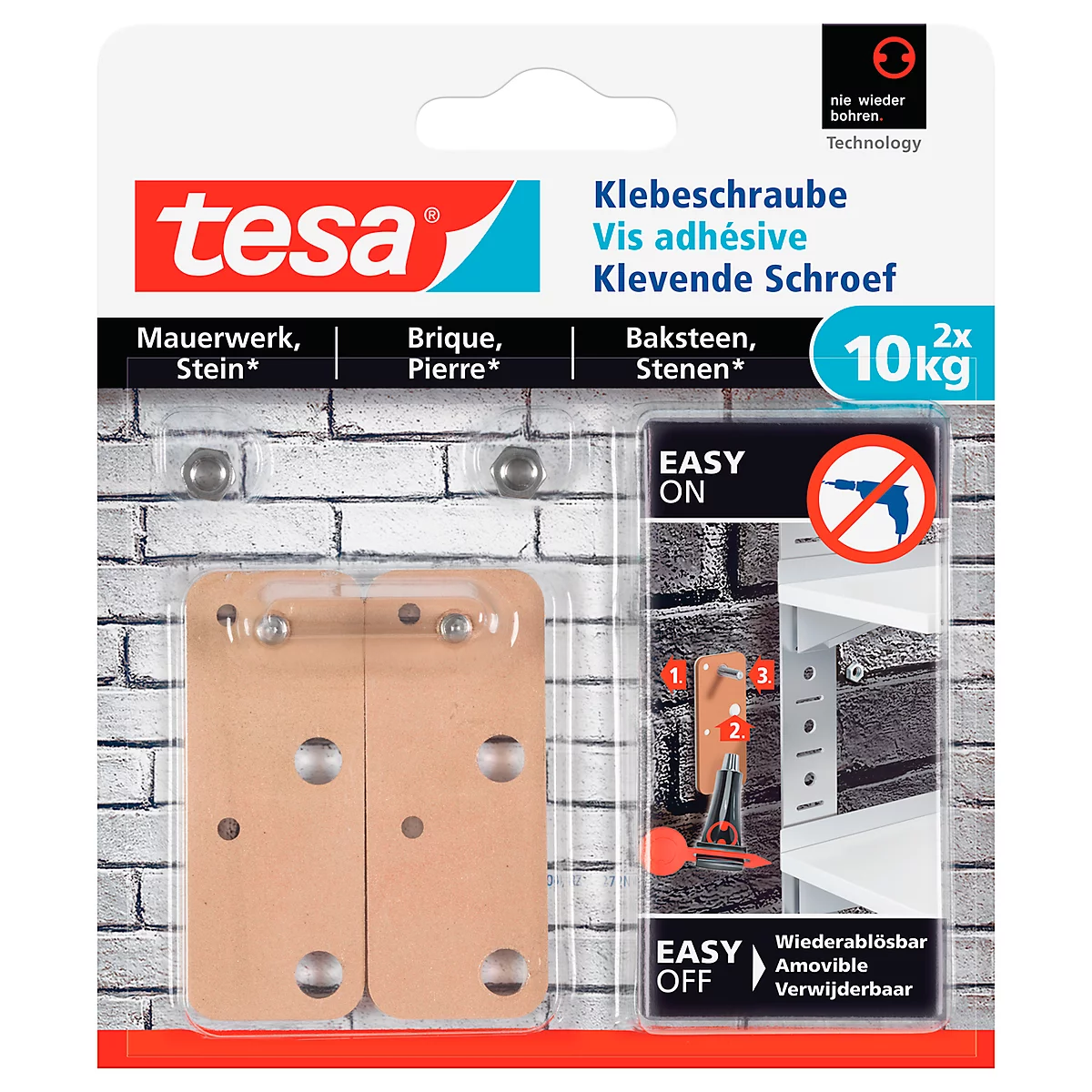 Packaging of tesa adhesive screw in front of brick background, product information, and application example.