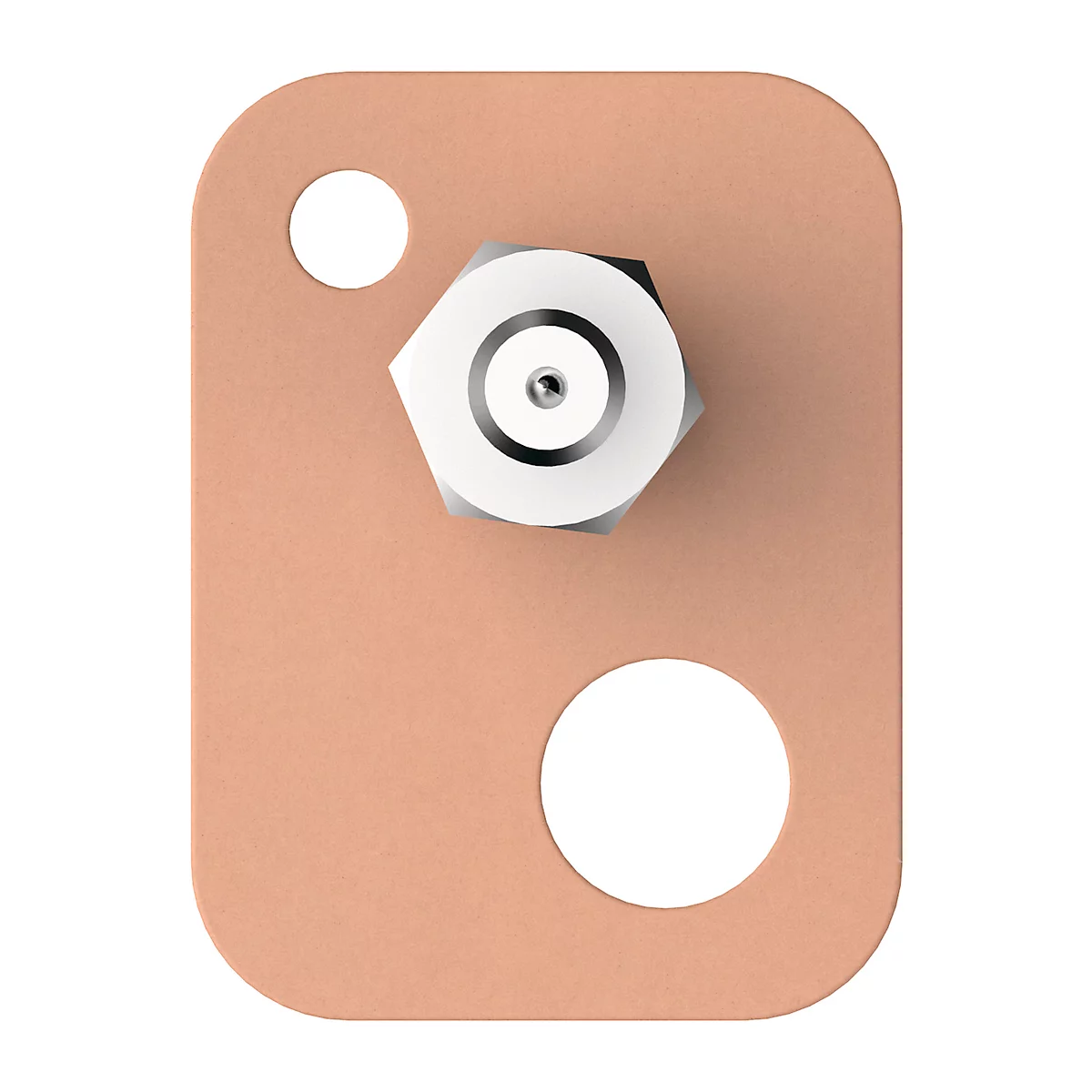 Top view of a copper-colored plate with rounded corners. A silver bolt with a hexagonal head is attached. Two holes are cut out.