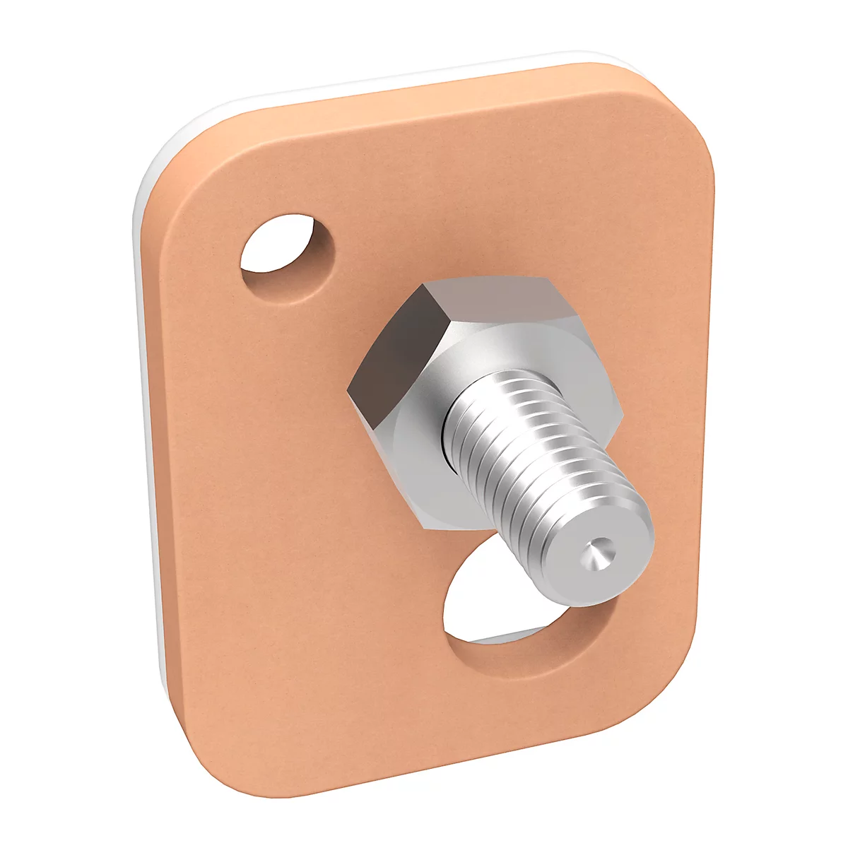 Copper plate with screw and nut. Two holes, one for the screw, another one. White border.