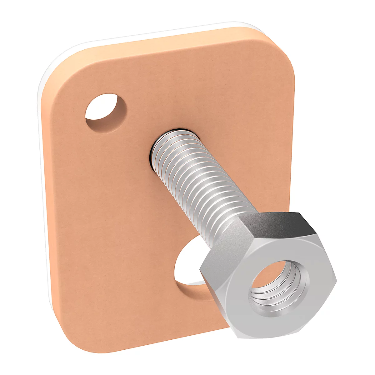 Brown rectangular component with a screw and nut. Holes are present.