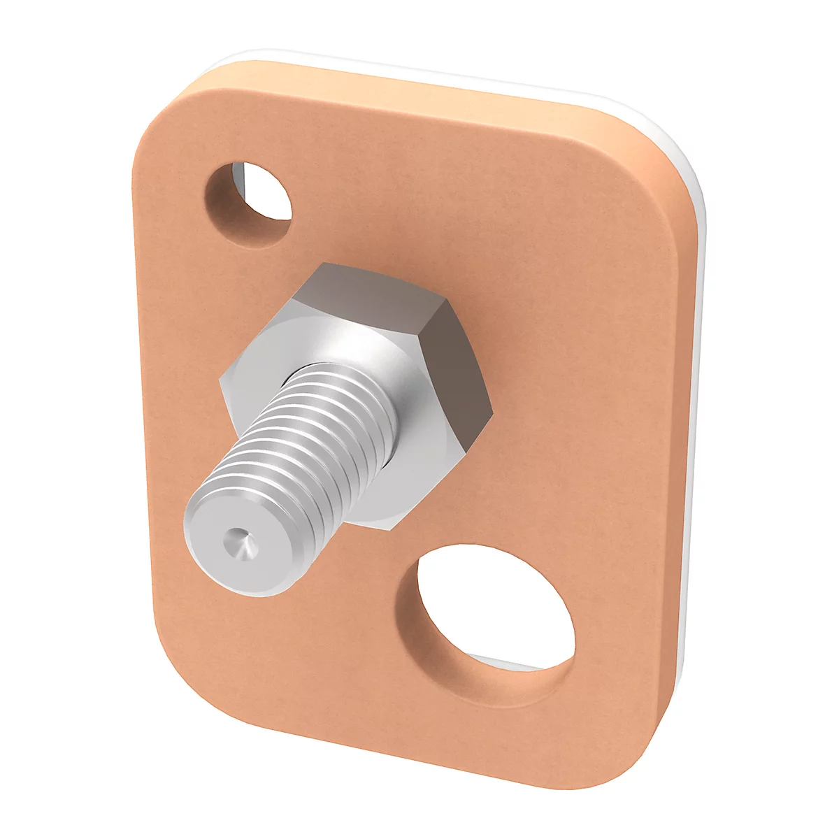 A brown, rectangular metal plate with a screw and nut. Two holes are visible in the plate.