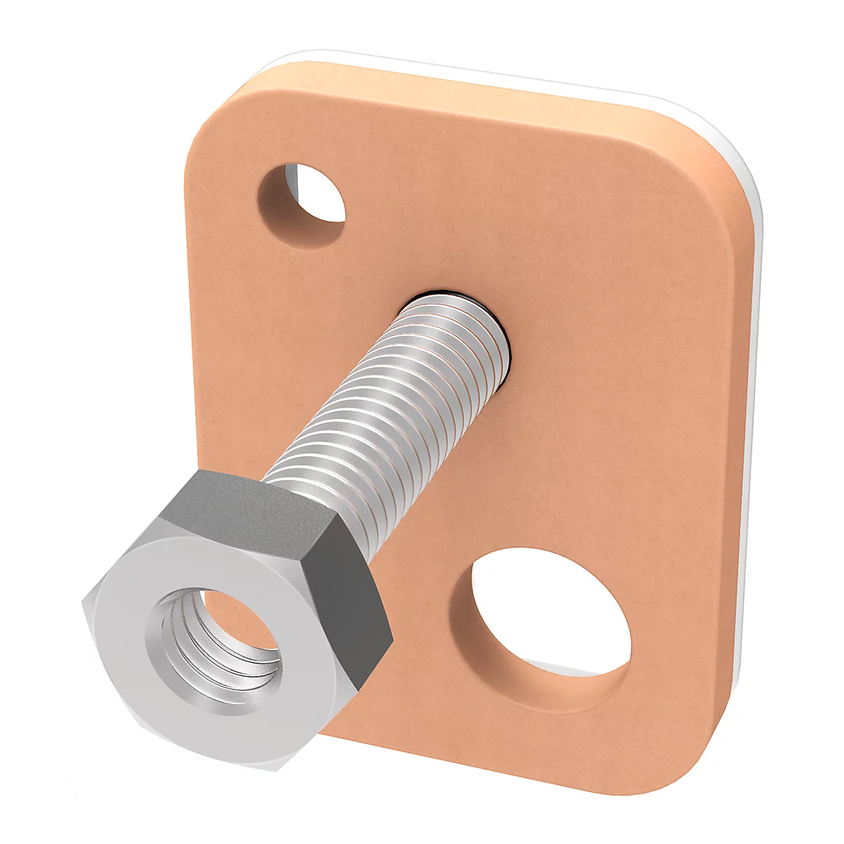 A square copper-colored sheet with a bolt, a nut and two holes. The sheet has a white border.
