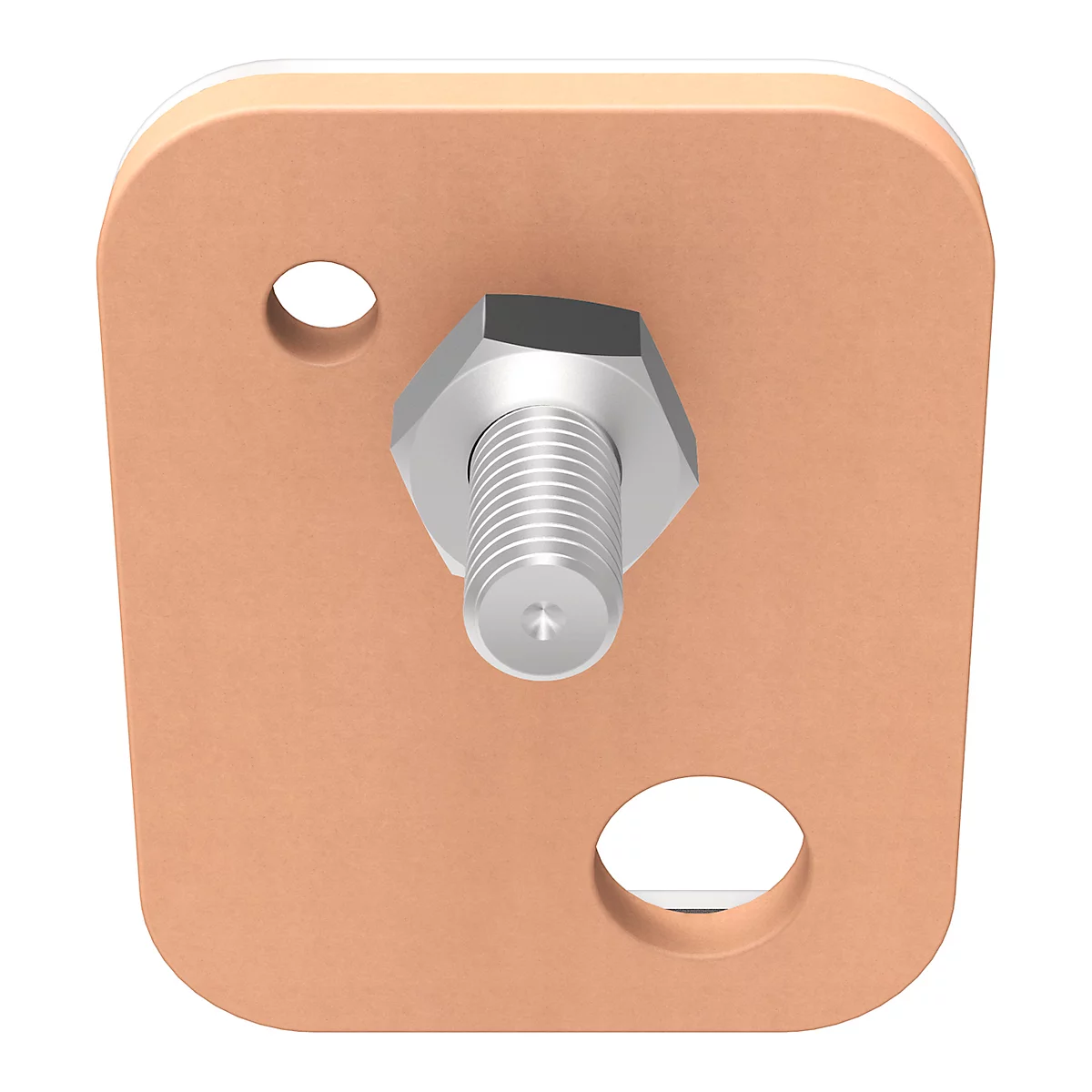 Copper-colored plate with screw and two holes.