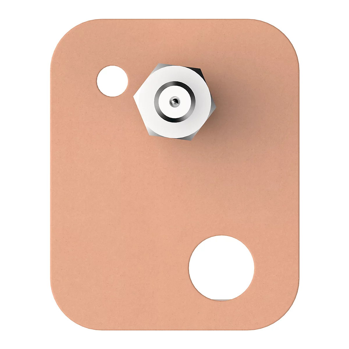 Copper-colored plate with hexagonal screw connector and two round holes.