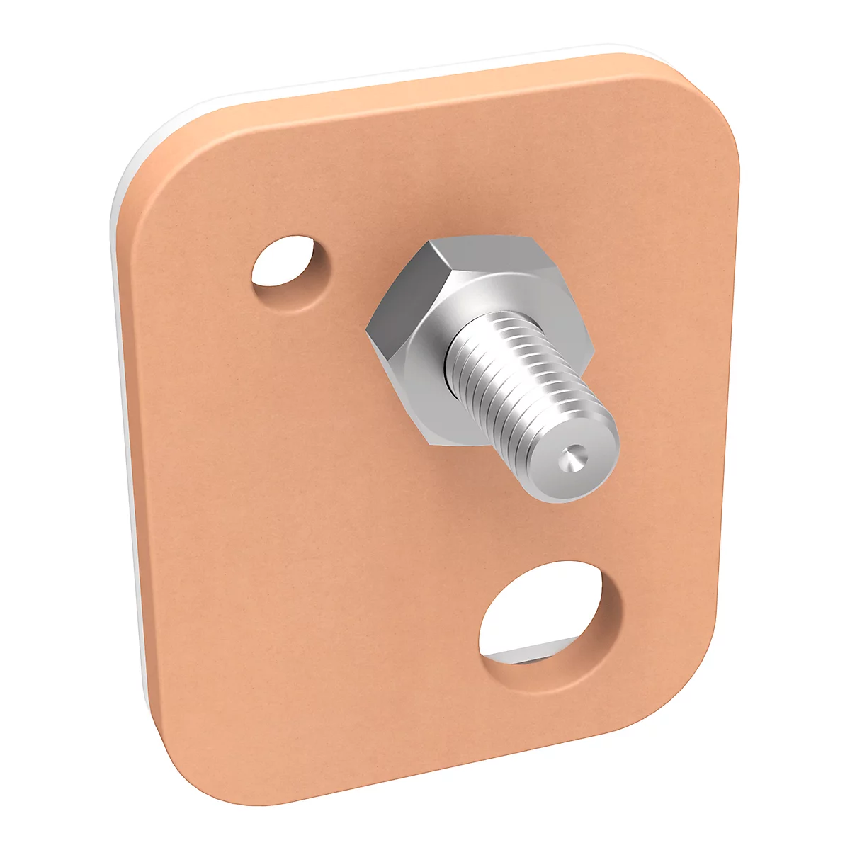 A square copper disc with screw and nut, two holes. Rounded corners, white border.