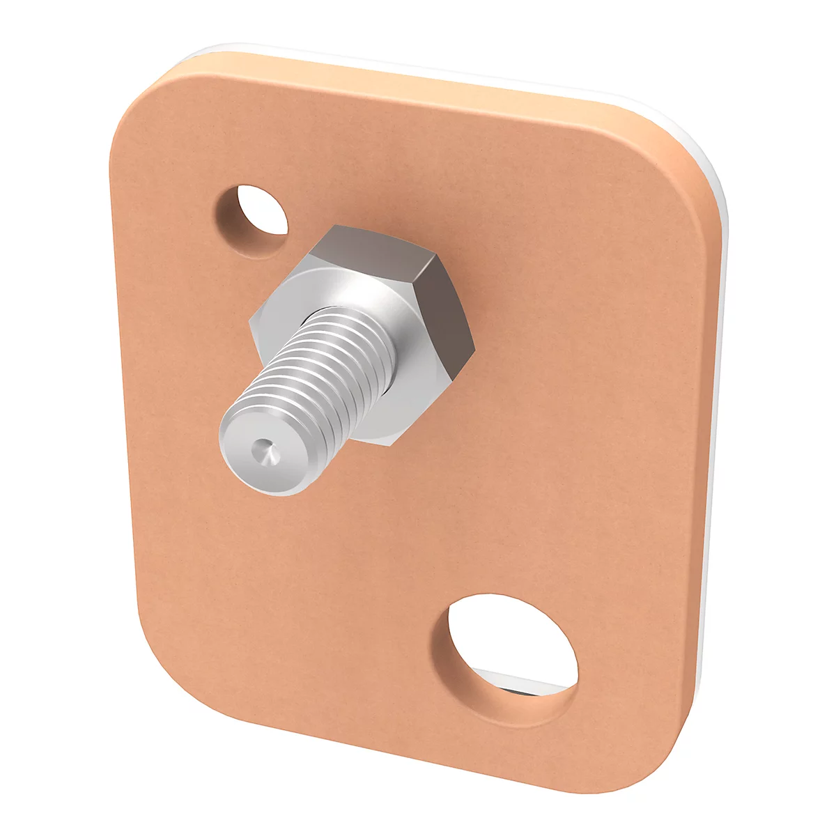 Copper plate with screw and nuts. There are two holes in the plate.