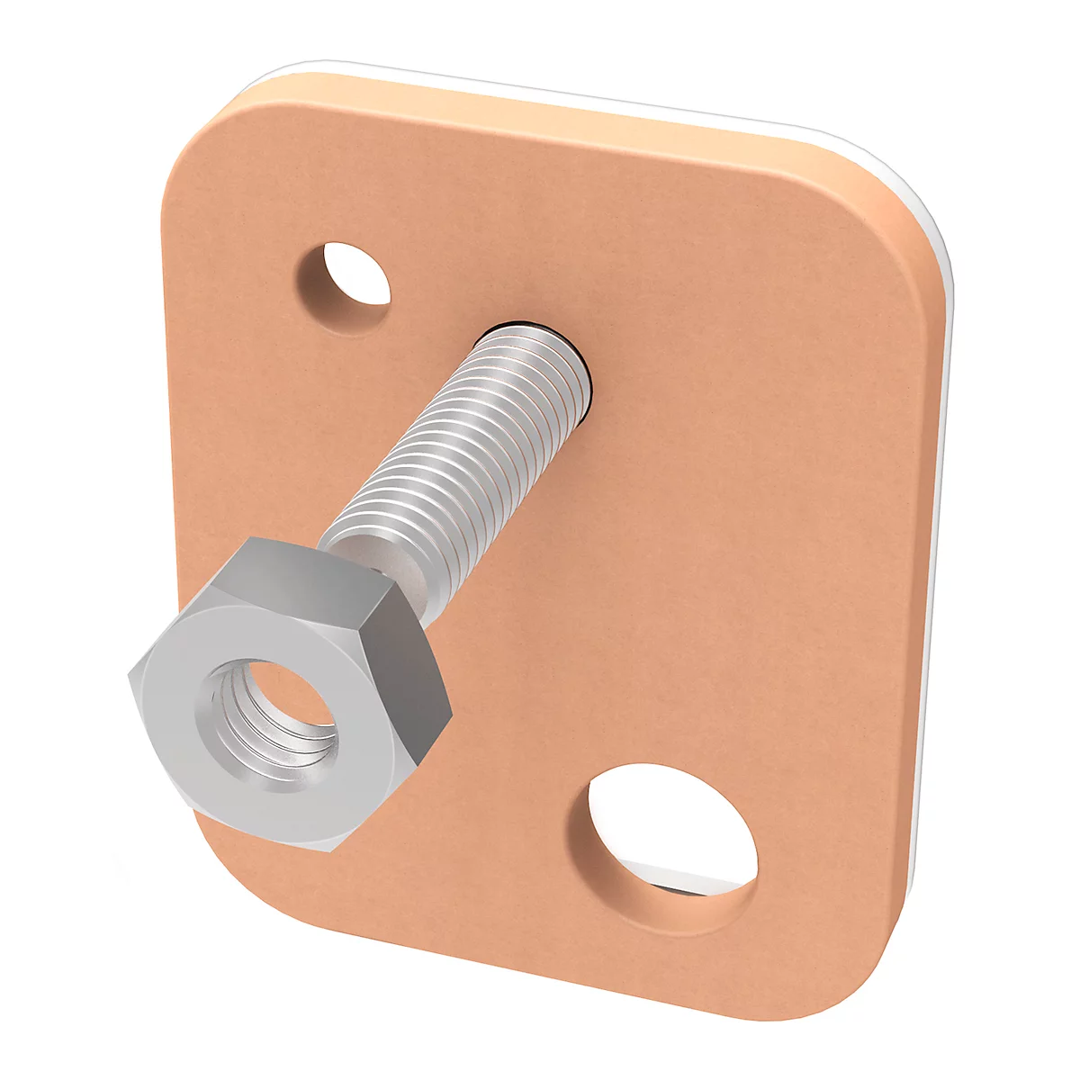 A square copper-colored plate with two holes, through which a screw and a nut go. The plate has a white border.