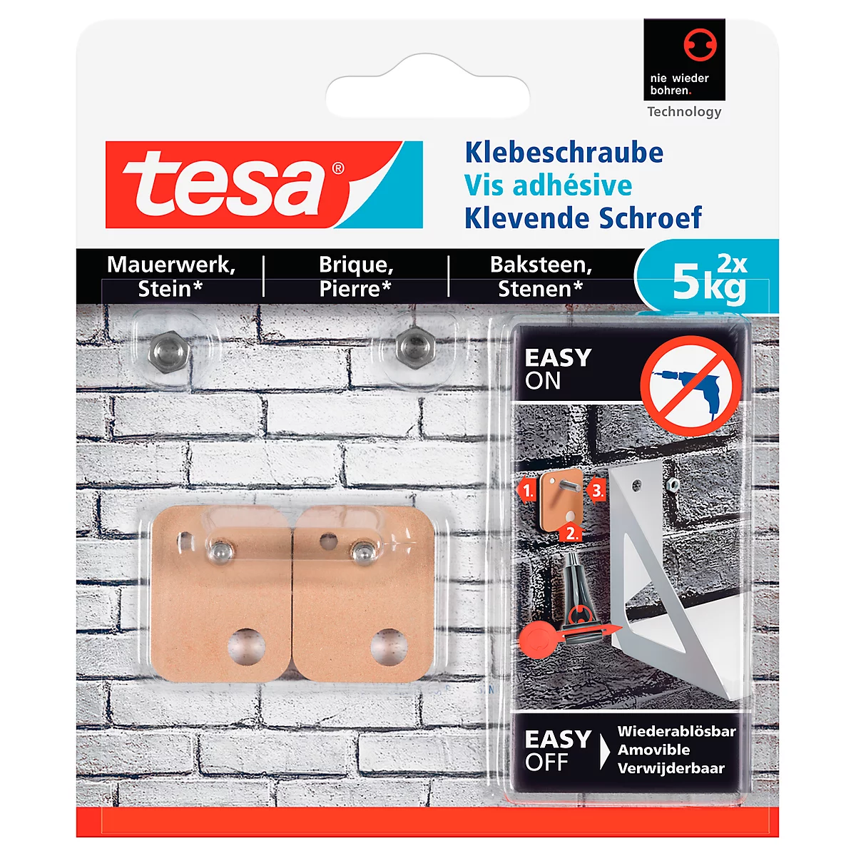 Product packaging of the Tesa brand with adhesive screws that can be attached to a brick wall. Inscription: "5 kg".