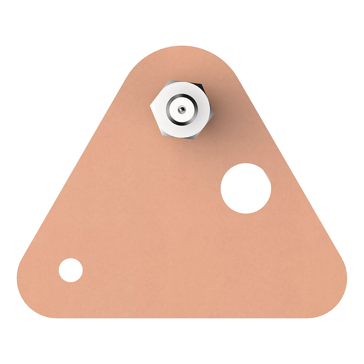 Triangular copper disc with two holes and a screw head.