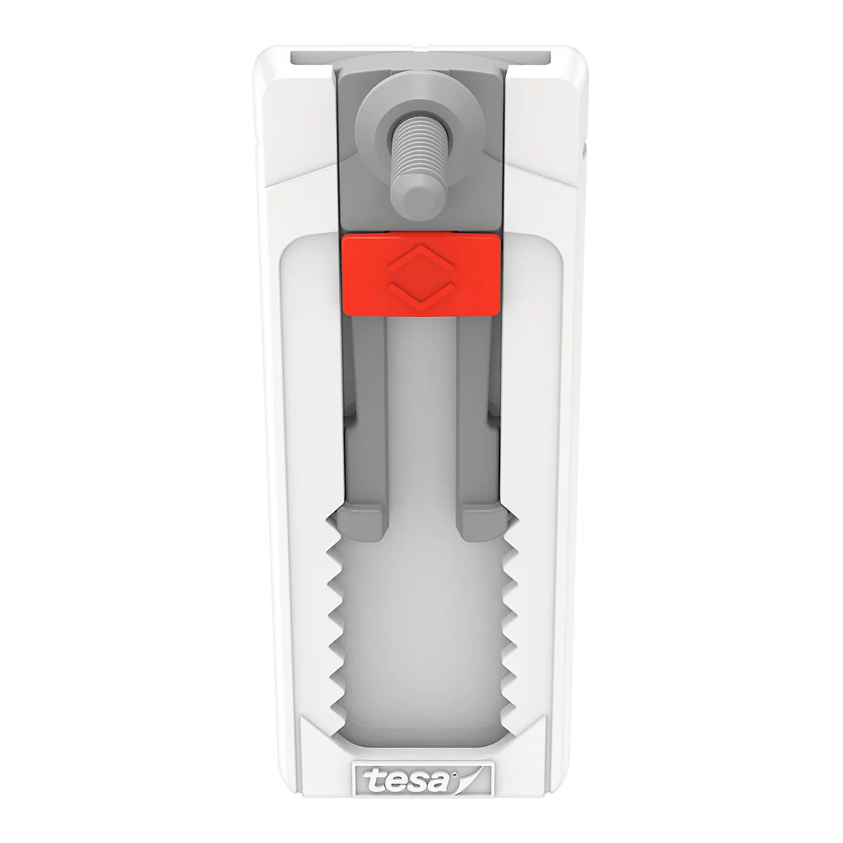 Detail of a white, rectangular tool with gray screw, red holder and 'tesa' logo.
