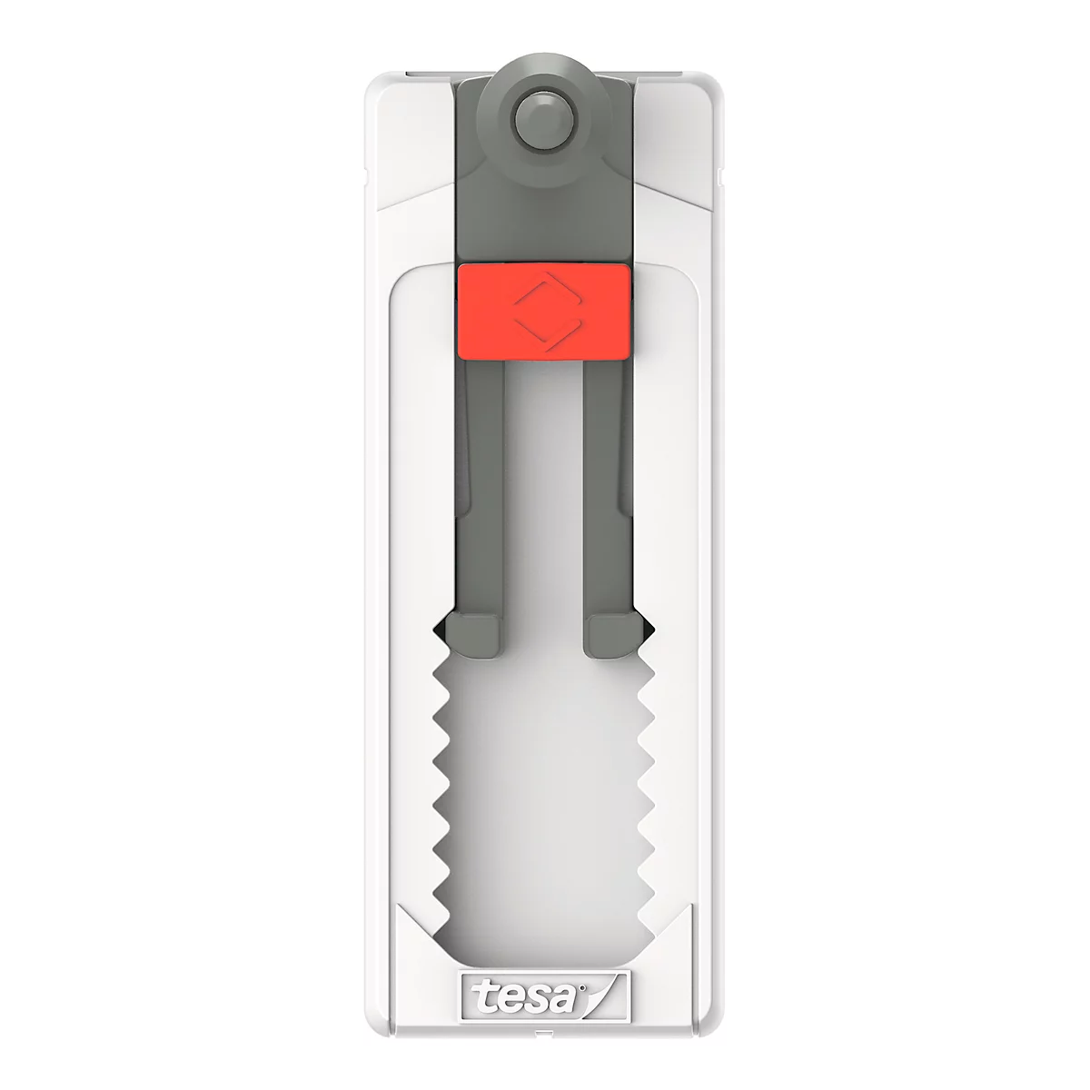 White plastic tool with grey and red elements, teeth at the bottom. Lettering: tesa.