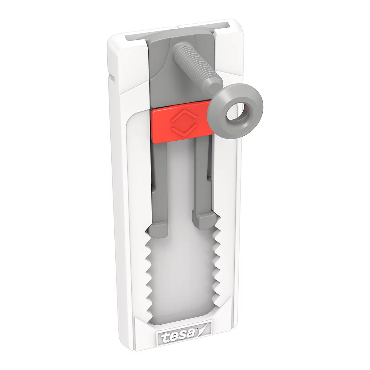 White wall mounting system with grey turning wheel and red lever. "tesa" is written below.