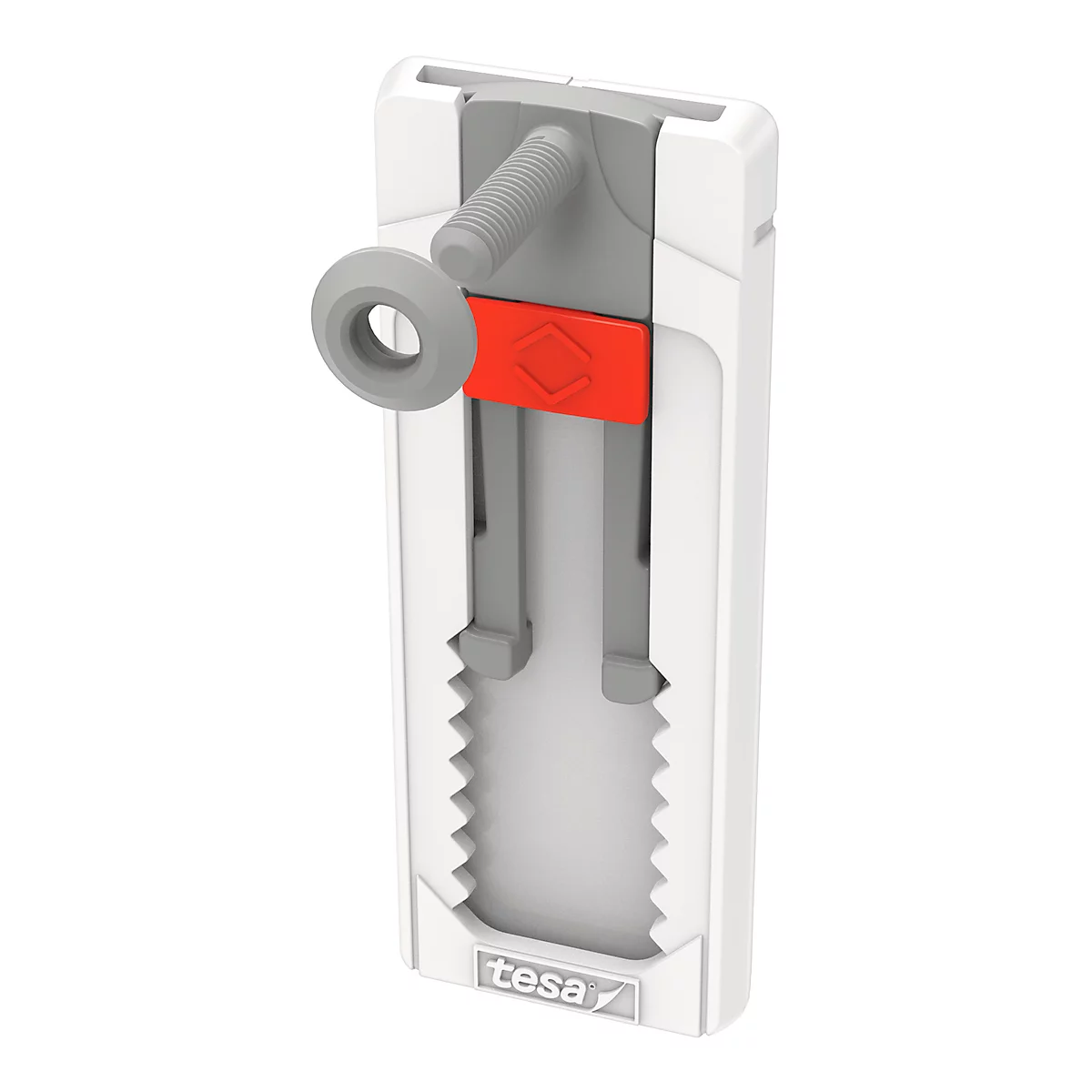 Detailed view of a white wall mount with gray and red accents. A screw mechanism and the "tesa" logo are visible.