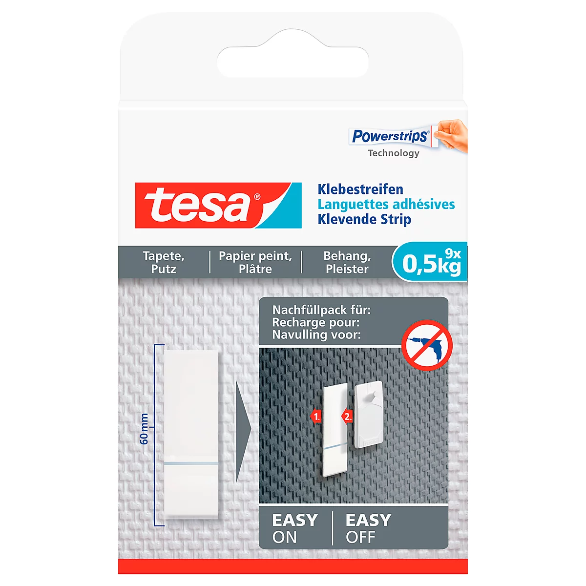 White Tesa adhesive strip pack. Labeled in German, French, Dutch, and English, with product information and usage instructions.