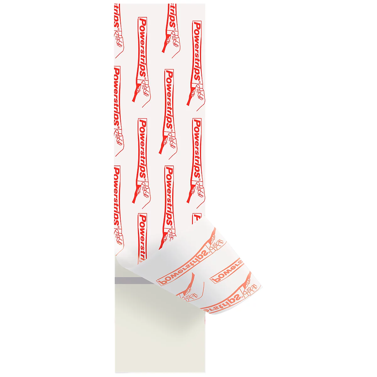 Close-up of white Powerstrips with red lettering peeling from a roll.