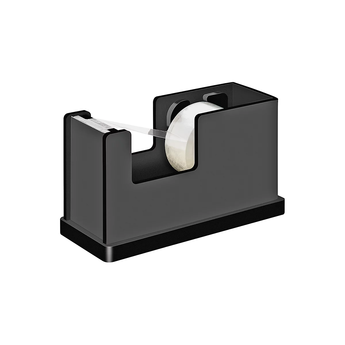 A black tape dispenser, with transparent tape. The tape is already unrolled and ready.