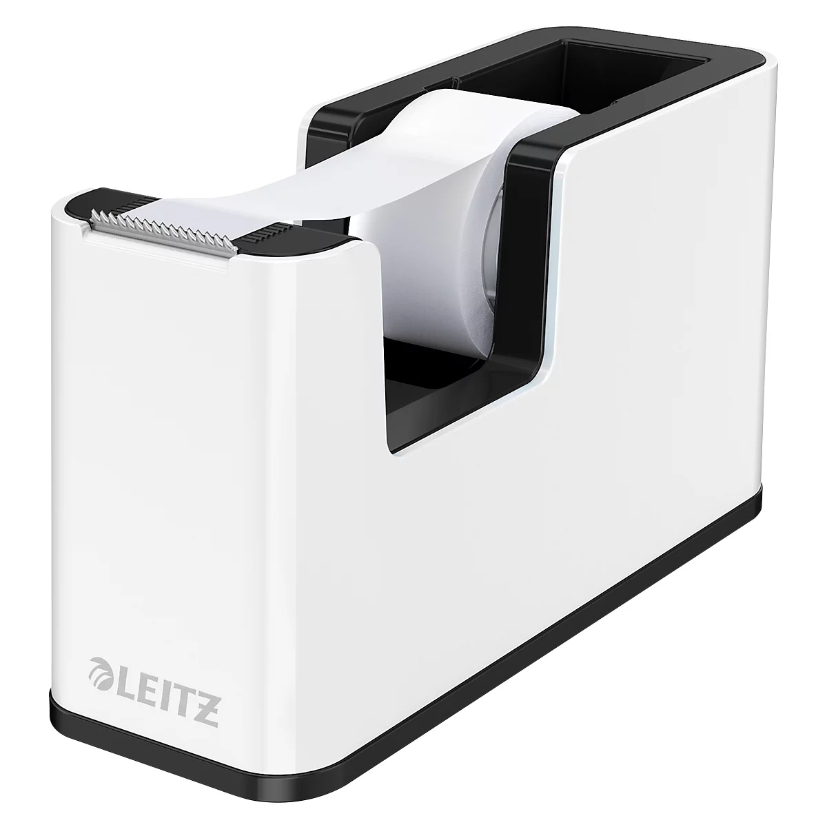 White tape dispenser with black border and the inscription LEITZ.