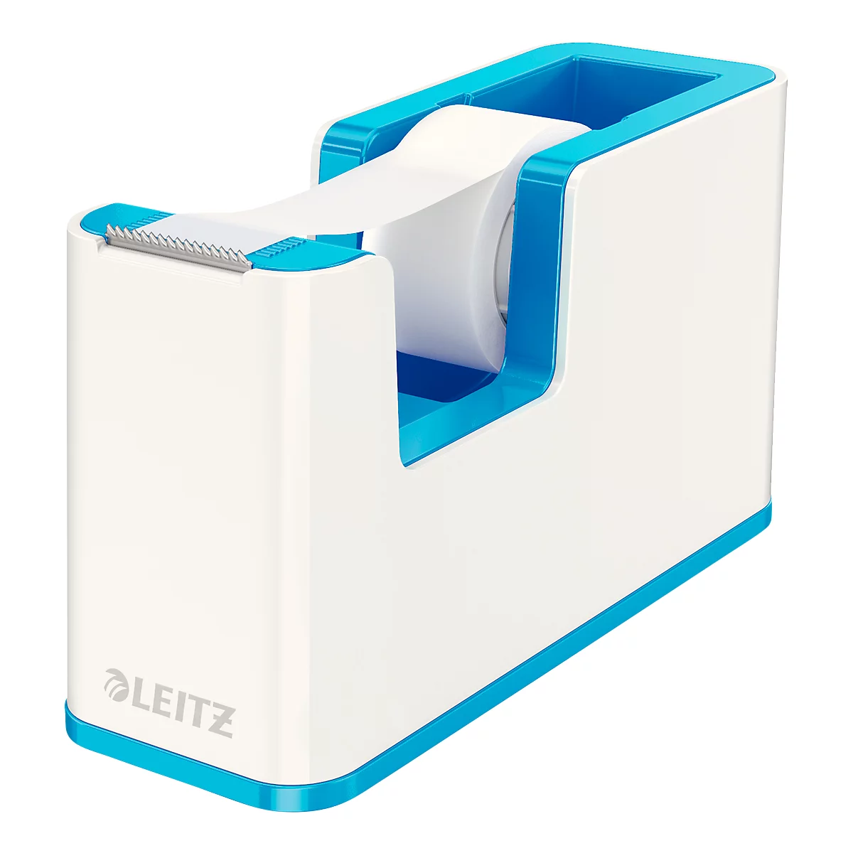 White and blue Leitz tape dispenser. Tape roll, serrated blade, blue accents.