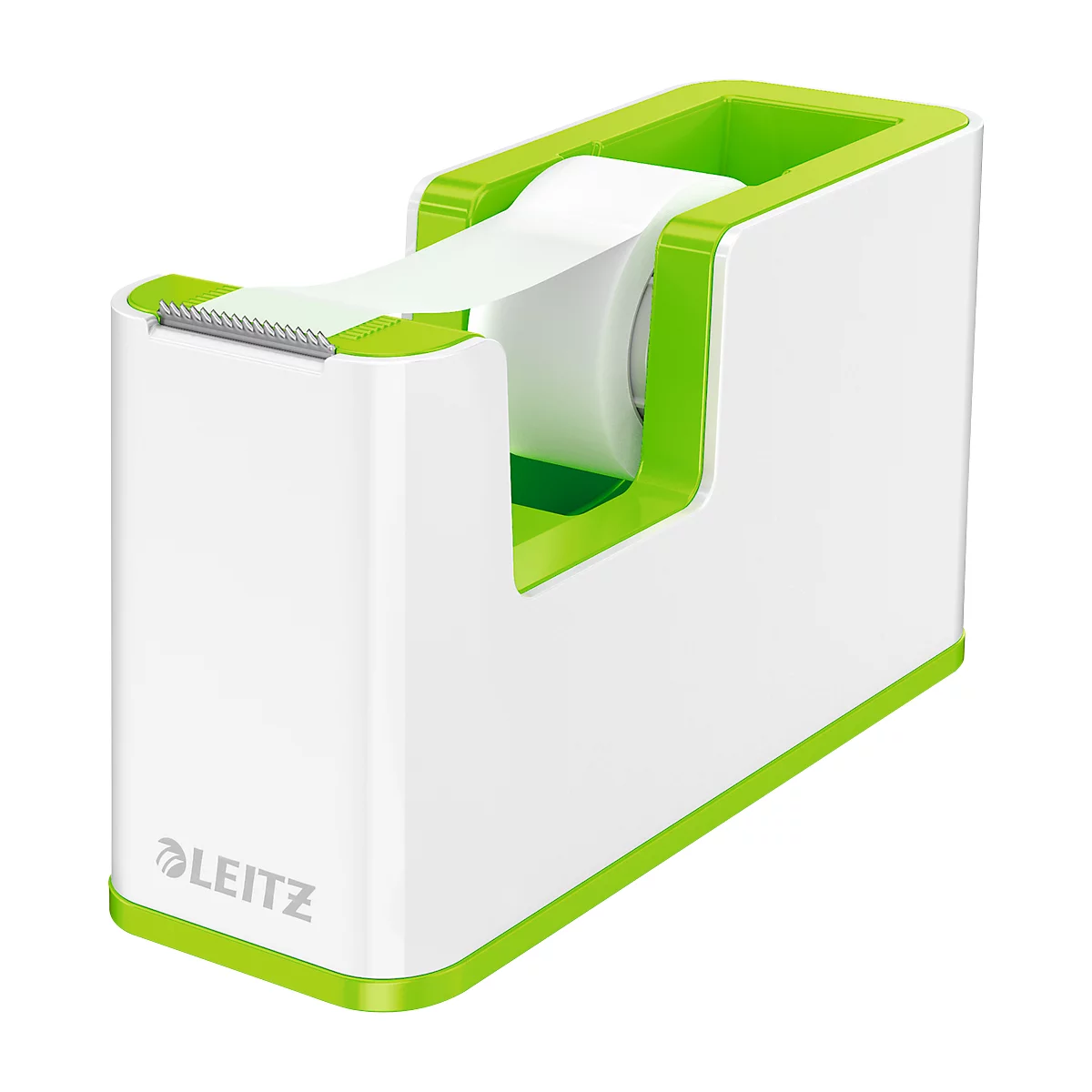 White and green tape dispenser with LEITZ logo. A roll of tape is inserted, a strip is being unrolled.