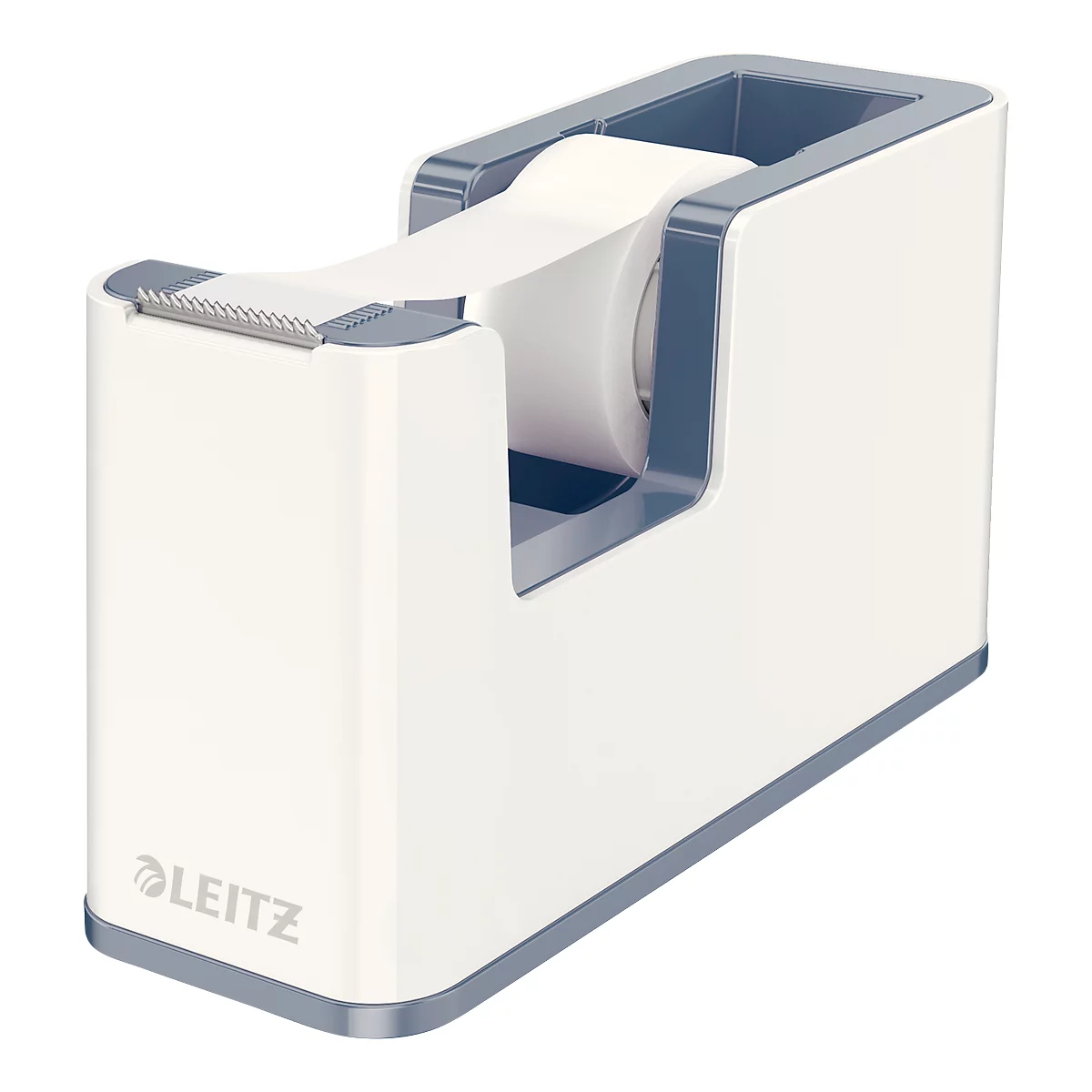 White tape dispenser with gray-blue accents. A tape roll is inserted. The brand name LEITZ is visible.