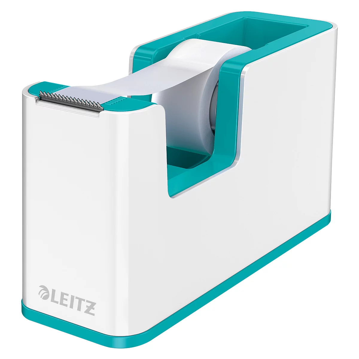 White tape dispenser with turquoise accents. The dispenser has the LEITZ logo.