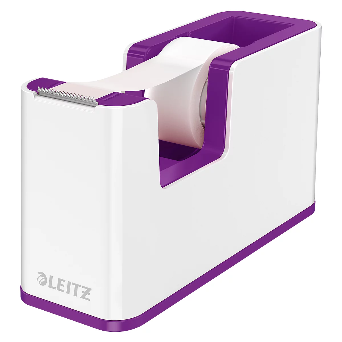 White and purple tape dispenser from Leitz, tape is being rolled out.